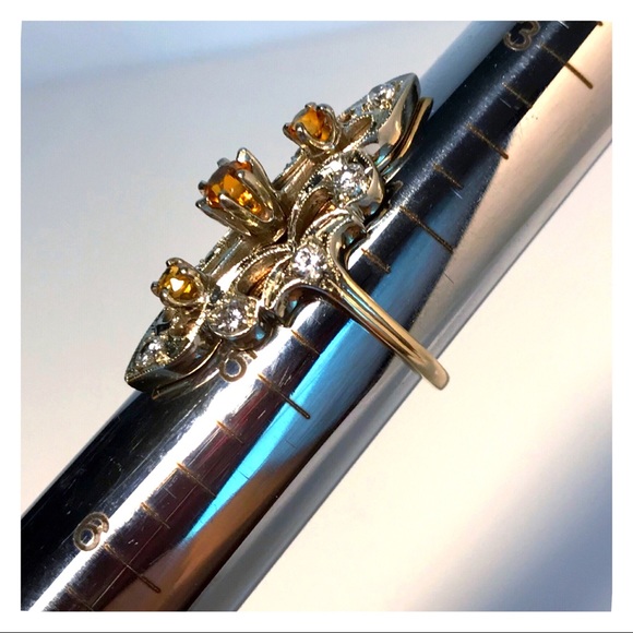 14KT GENUINE 1910’S EDWARDIAN HEAVY DIAMOND & CITRINE ANTIQUE NAVETTE RING - Picture 10 of 11